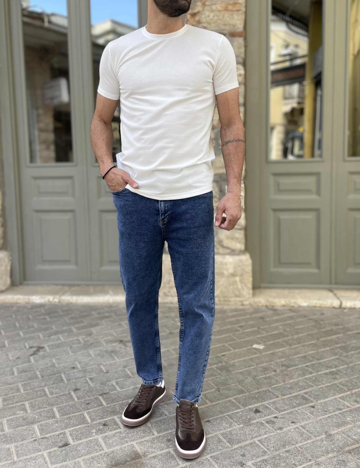 Ανδρικό μπλε σκούρο Loose τζιν ελαστικό πεντάτσεπο με φερμουάρ 8948 φωτογραφία